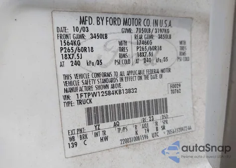 2004 Ford F-150 Lariat/Xlt from USA, damaged, VIN 1FTPW12584KB13832